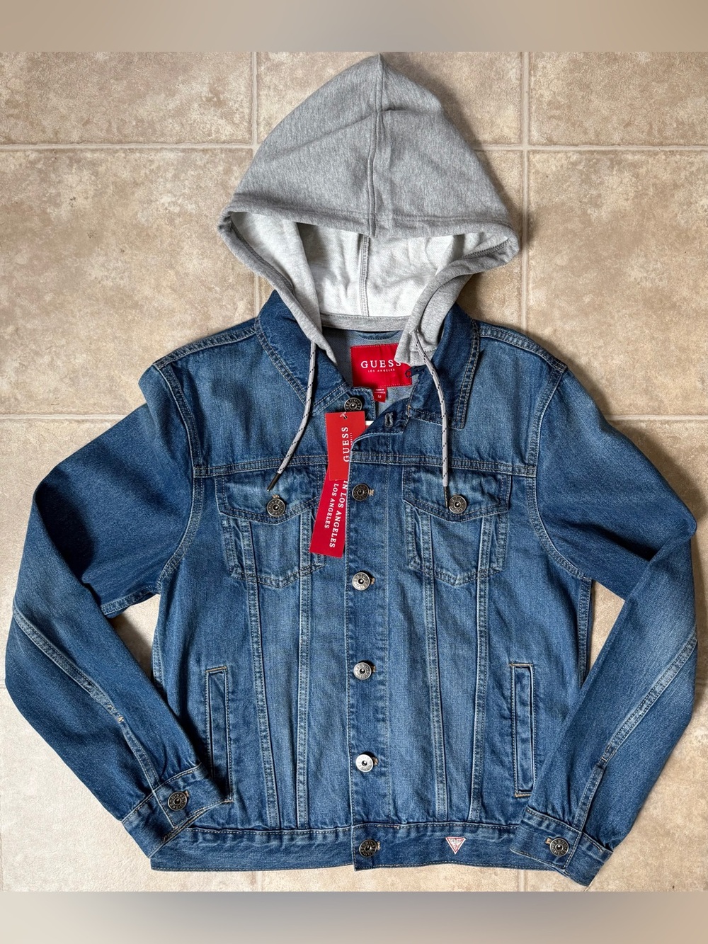 NWT GUESS Garold Hood Denim Jacket with Gray Zippered Attached Hoodie Size M